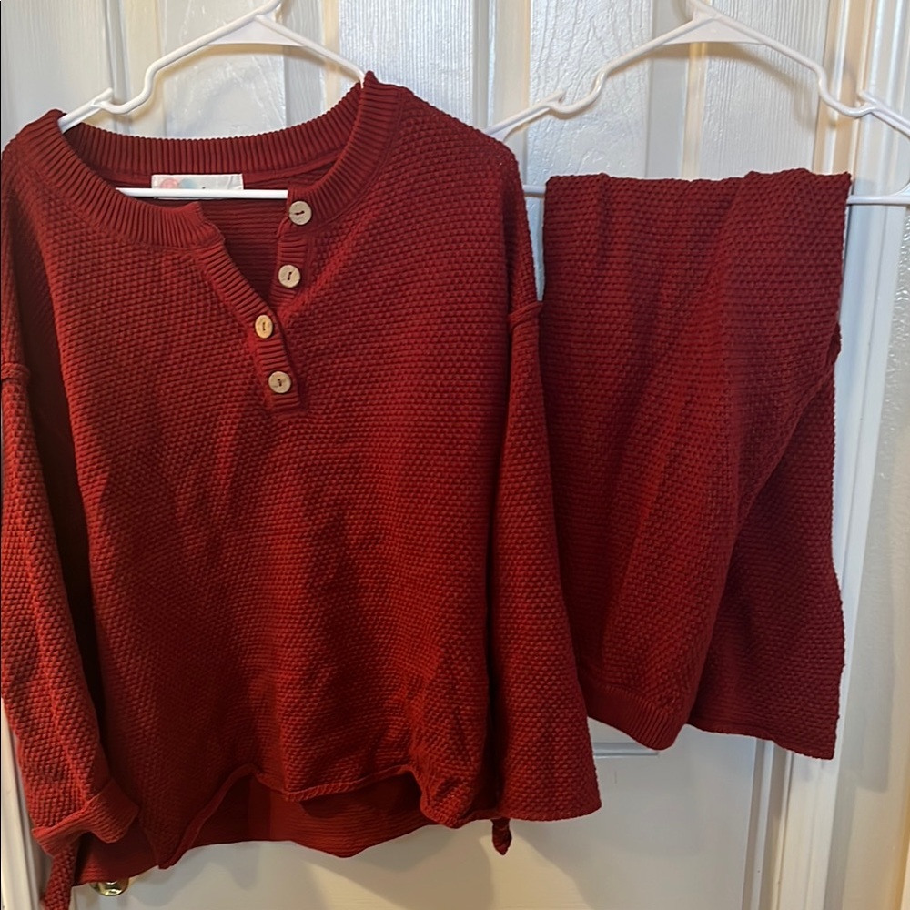 Free People- Red Button-Up Sweater and Pants Set